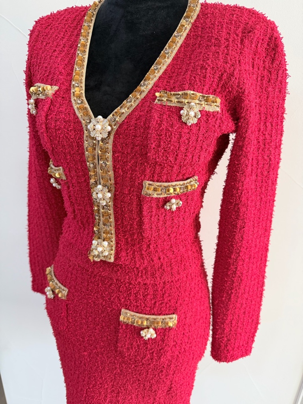 New Self portrait Red Tweed Two-Piece Skirt Set with Gold Trim size S - Picture 14 of 15